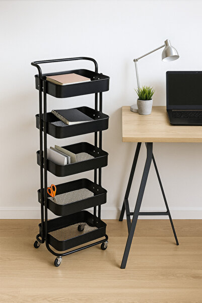 MARIA HOMES 5-Layer Black Metal Storage Trolley with Wheels – Tall Multi-Purpose Rolling Organizer Cart