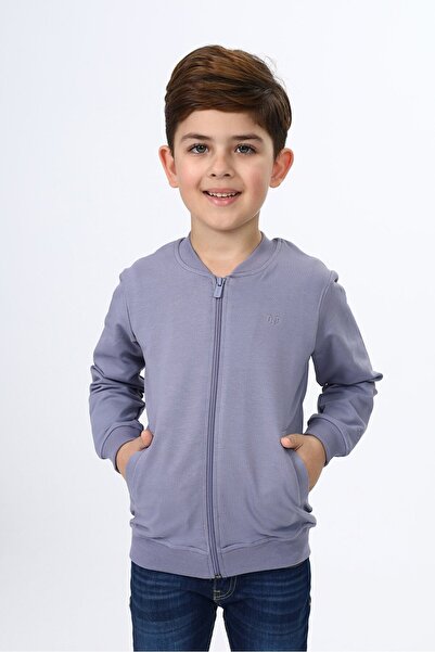 Toontoy Dark Gray Boys' College Collar Zippered Pocket Embroidery Printed Kni...