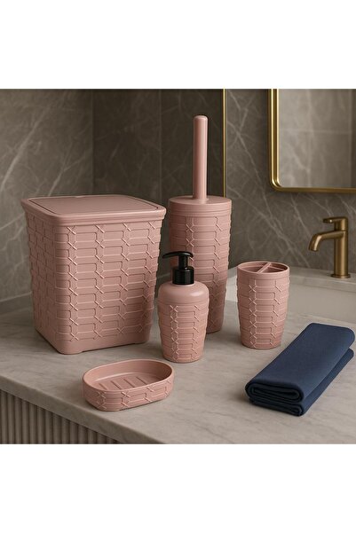 decovien 5 PARÇA ŞIK AKRİLİK BANYO SETİ ÇÖP KOVASI DİŞ FIRÇALIK TUVALET FIRÇASI SIVI SABUNLUK KATI SABUNLUK