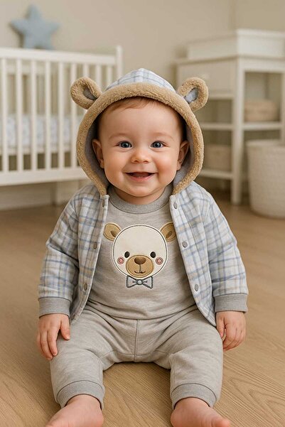 MİLAYS LİFE HOME COLLECTİON 0-3 Months Baby Boy Furry Ears Bear Embroidered Cotton 3-Piece Set