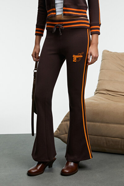 GRIMELANGE Menttaque Women's Knitwear Belted Contrast Piped Embroidered Brown Sweatpants