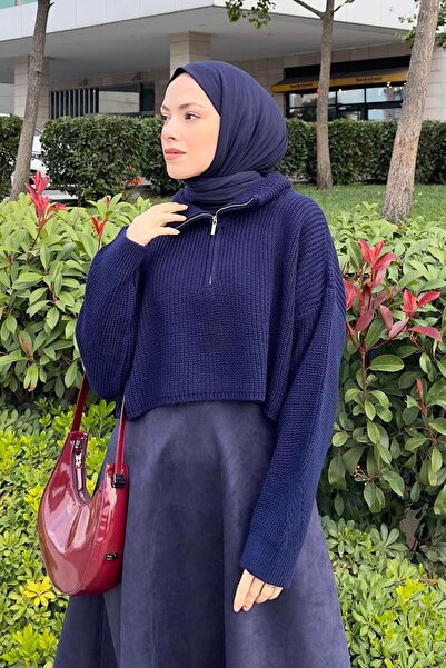 lamelif Collar Zippered Crop Knitwear Sweater Navy Blue