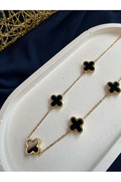 ASLI AKSESUAR Gold Siyah Taşlı Yonca Kolye