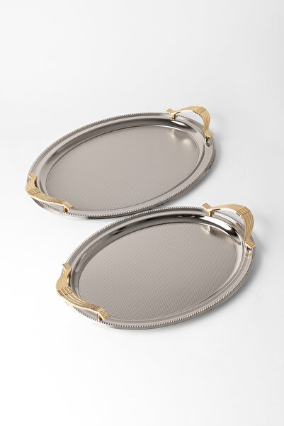 Le Paon Paslanmaz Çelik Gümüş 2’li Oval Tepsi Seti – Desenli Servis ve Sunum ...