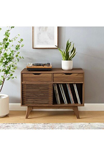 ViraHome Ahşap ve Metal Dekorasyon Lüks Masif Ahşap Konsol Pikap Dolabı Sürgülü Kapaklı Konsol Dresuar Plak Dolabı