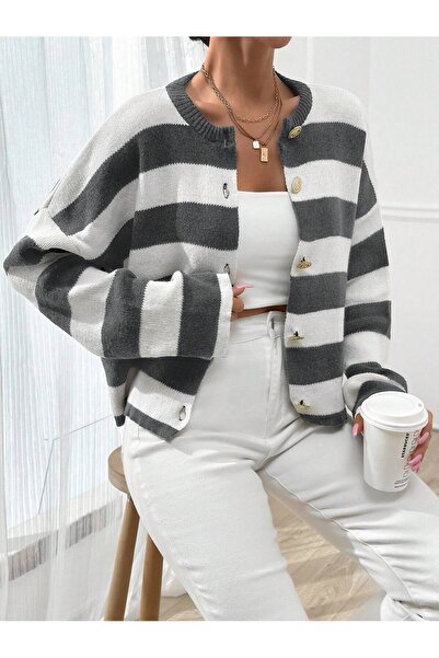 Dier Moda Women's Knitwear Dark Gray Striped Gold Buttoned Jacket Cardigan