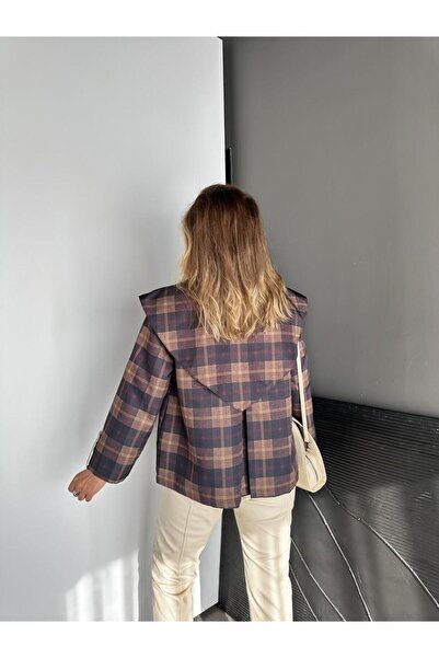 Zerrincan Giyim Lacivert Ekose Pelerin Parçalı Trençkkot