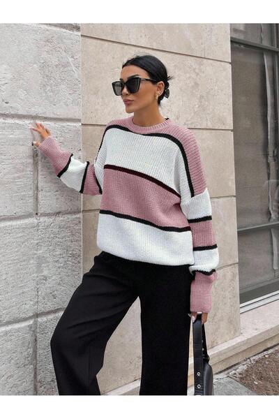 Dier Moda Kadın Pembe Ortası Beyaz Çizgili Over size Kazak, çizgili7889