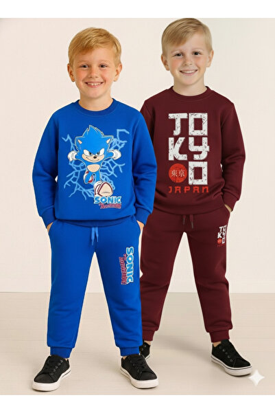 LİTTLE TORTOİSE Winter Fleece-Lined Boys' Swaetshirt Tracksuit Set Bottom Top 2Piece Set