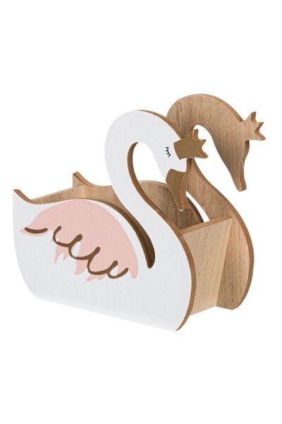 SHOPIENS Wooden Swan Pen Holder with Pink-Gold Details, 16x7x15 cm