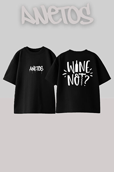 Anetos Wine Not Design Spate cu imprimeu Bumbac Negru supradimensionat tricou