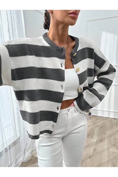 Dier Moda Women's Knitwear Dark Gray Striped Gold Buttoned Jacket Cardigan