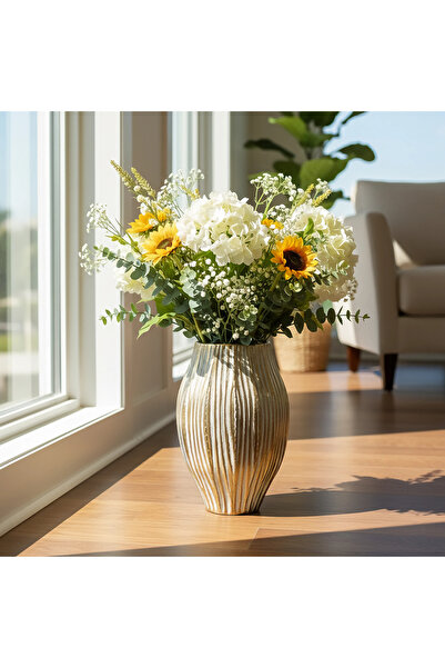 Hinora Χοντρό μεταλλικό βάζο με λεπτομέρεια χρυσής γραμμής 36x26x26cm