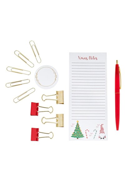 SHOPIENS Christmas School Set - Lined Notebook 7.5x17.5 cm, Sticky Tabs, Gold Clips, Red Pen, 16 pcs