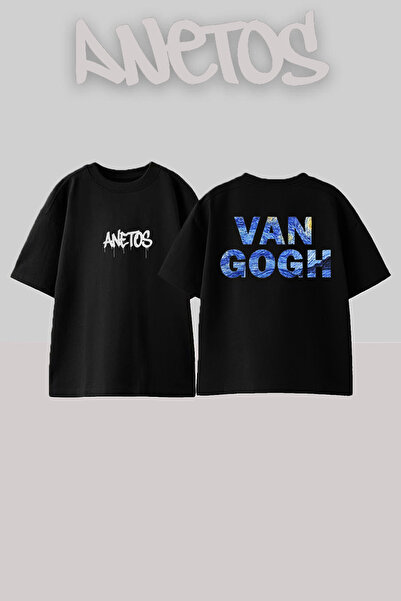 Anetos Tricou supradimensionat din bumbac negru cu imprimeu pe spate Van Gogh...