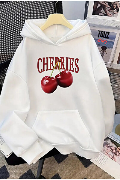 Le Savu Cherries cu imprimeu Kangaroo Pocket cu glugă Culoare albă Unisex Swe...