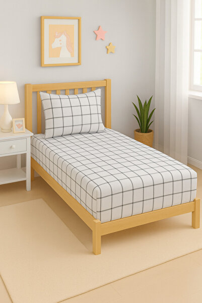 Loova Fitted Sheet Set for Single Bed, 100% Cotton, Plaid Checkered, with Pil...