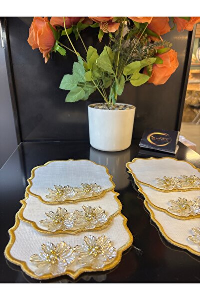 ARS HOME DEKOR Colorful Flower Brooch with Stones, Set of 6 Cocktail Napkins, Gold Coffee Side Presentation Napkin