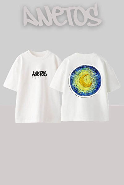 Anetos Tricou supradimensionat alb din bumbac cu design Van Gogh 2 imprimat p...