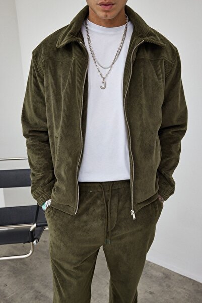 İLKCET MODA Ανδρικό Χακί Χοντρό Βελούδινο Μπουφάν oversized