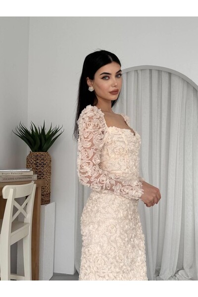 Monapera Kalp Yaka Uzun Kollu Folers Çiçek Desenli Elbise