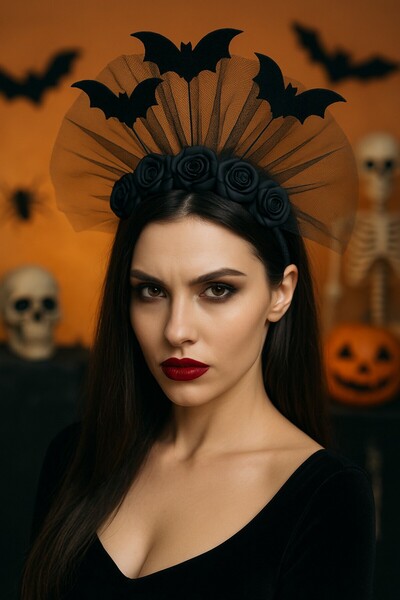 TOYFEST Halloween Black Rose and Bat Tulle Crown – Gothic Costume Accessory