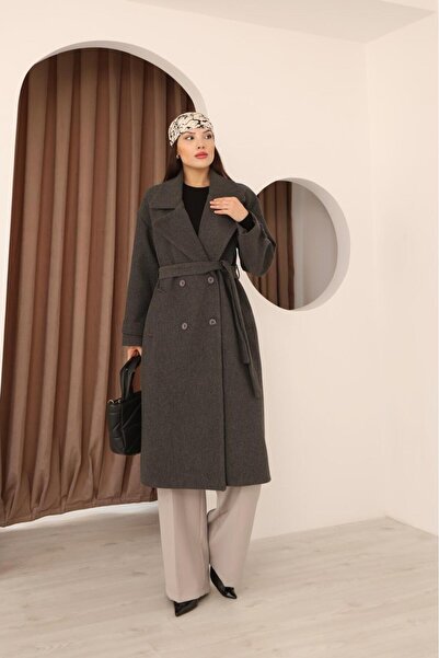 Leo Ferre Women's Dark Gray Cashmere Double-Breasted Collar Long Overcoat. 1172.