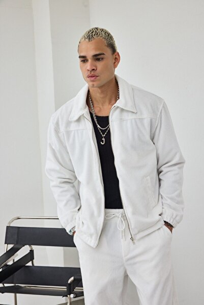 İLKCET MODA Ανδρικό λευκό χοντρό βελούδινο μπουφάν oversized