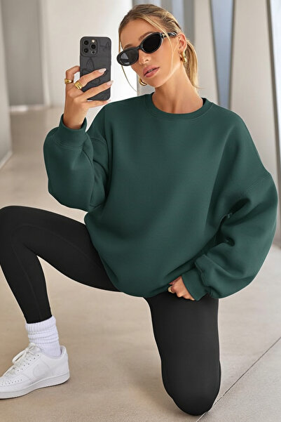 GENIUS STORE Дамска суитшърт с широка кройка, вътрешна част от Шардони и деколте тип „велосипед“ Овърсайз суитшърт KA