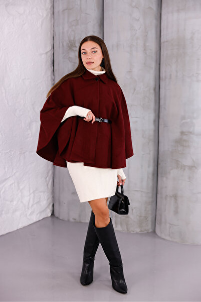 Modayıldızlar Şık Tasarım Kadın Kemerli Panço Bordo