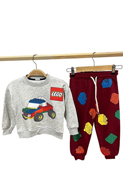YUMİYUMM Boy's 3 Thread Fabric Character B Printed Gray-Burgundy Tracksuit Set