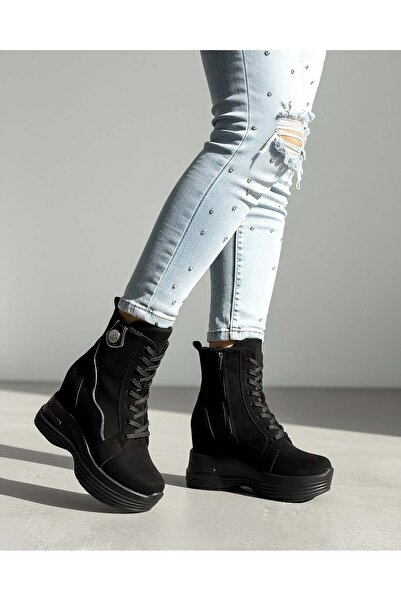 Modanizm Olvyn Siyah Süet Dolgu Topuklu Spor Bot