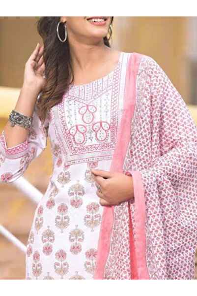 MYSMAR Pink Viscose Cotton Embroidered Salwar Kameez Dupatta - ALV1055 | Pink