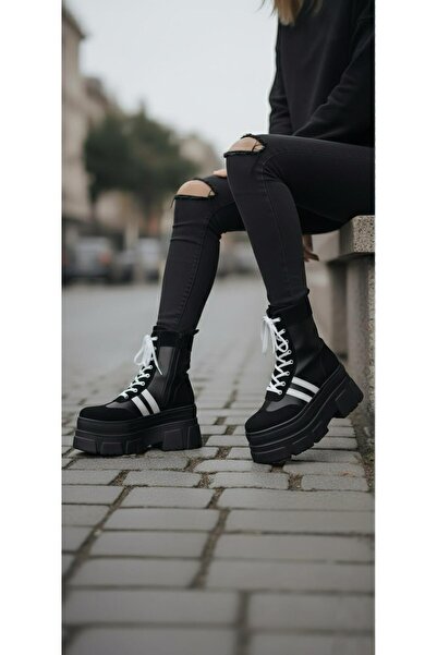 Modanizm Auvrie Dolgu Siyah Deri Topuklu Bot