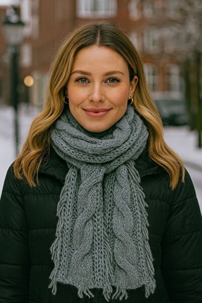 BALIENTE Gray Wide Knitted Fringed Women's Scarf Shawl 30 X 180 cm