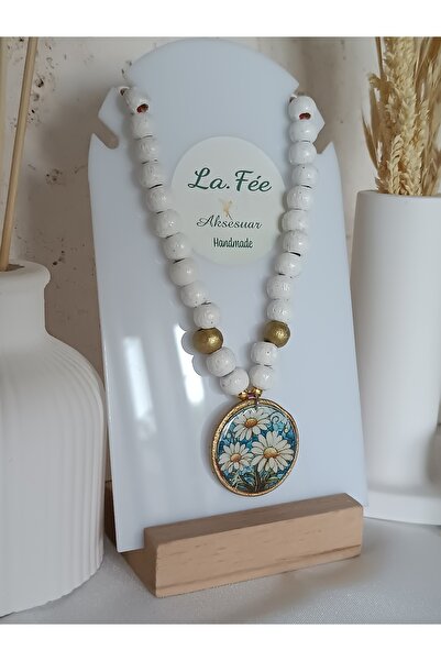 La fee aksesuar Beyaz Ahşap Boncuk Kolye Papatya Polimer Kil Kadın Kolye Anne...