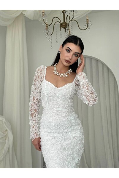 Masspera Kalp Yaka Uzun Kollu Folers Çiçek Desenli Elbise