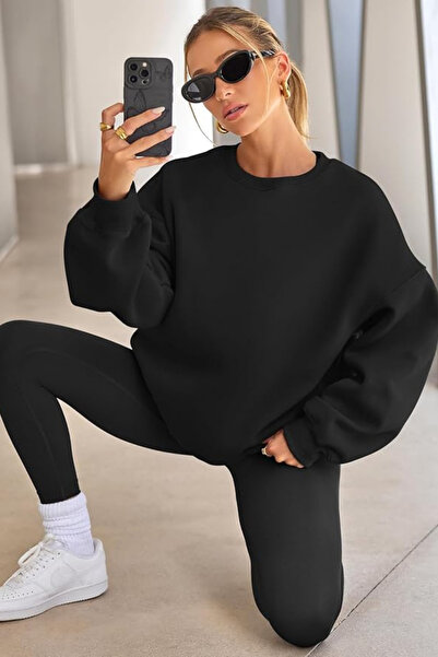 GENIUS STORE Дамска суитшърт с широка кройка, вътрешна част от Шардони и деколте тип „велосипед“ Овърсайз суитшърт KA