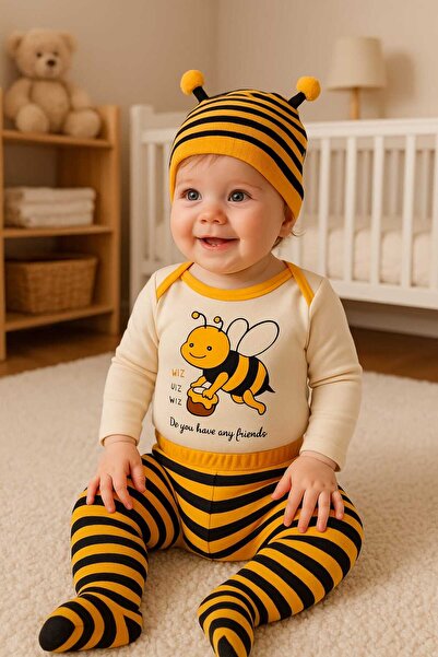 MİLAYS LİFE HOME COLLECTİON 0-3. طقم قبعة بيريه مطبوعة بتصميم النحلة اللطيفة ...