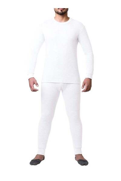 Drosh Drosh Men's Winter Pajamas - 2 Pieces, Long-Sleeved T-Shirt + Pants - White Cotton - Comfortable and Warm - Size - M