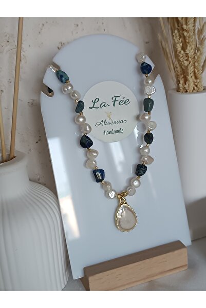 La fee aksesuar Lapis Lazuli Doğal Taş Kolye Gerçek İnci Kadın Kolye Kadın Kolye Sedefli Uç