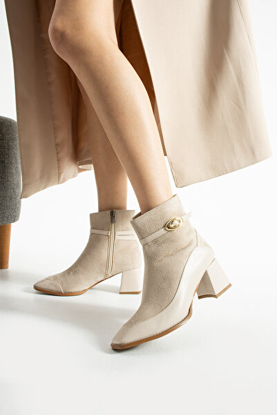 RevanStep Kadın Süet Topuklu Bot 5cm - Kare Burun Tokalı Fermuarlı Kontrast D...