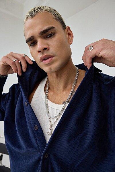 İLKCET MODA Чоловіча темно-синя сорочка оверсайз з оксамиту