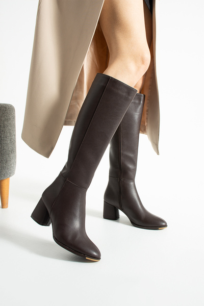 RevanStep Kadın Süet Uzun Çizme 6cm Topuk - Kalın Topuklu Fermuarlı Çizme