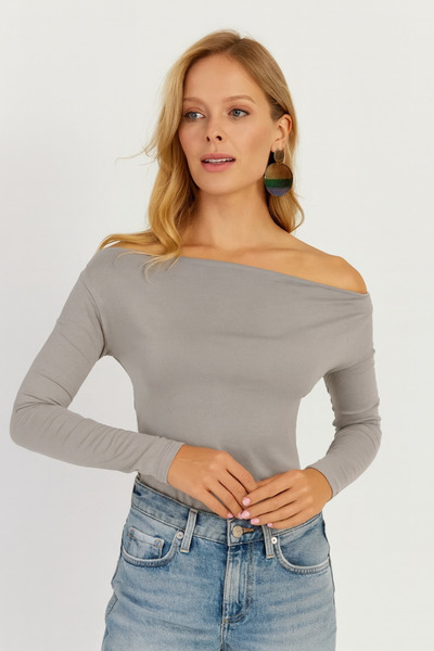 LACHT Women's New Season Boat Neck Long Sleeve Gray Viscose Blouse