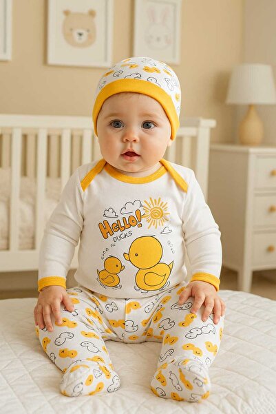 MİLAYS LİFE HOME COLLECTİON 0-3. طقم قبعة بيريه مطبوعة بتصميم صيصان لطيف للأط...