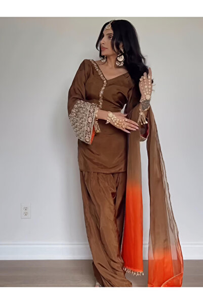 MYSMAR Rust Brown Natural Satin Silk Top Bottom Dupatta - HRT5135 | Rust Brown