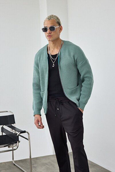 İLKCET MODA Zippered Çağla Oversized Open Collar Knitwear Cardigan