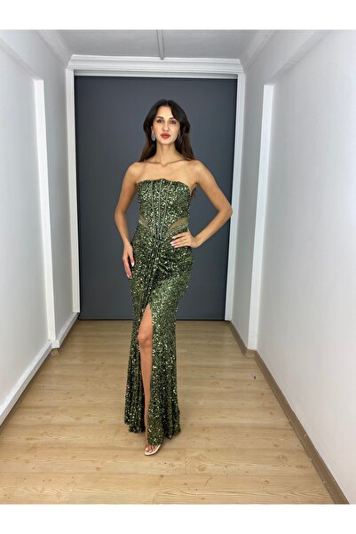 gökkuşagı moda Haki Straplez Bel Transparan Boncuk Detaylı Payet Uzun Abiye Elbise