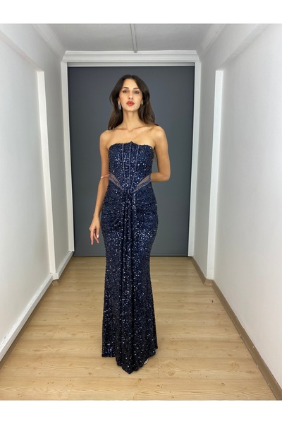 gökkuşagı moda Lacivert Straplez Bel Transparan Boncuk Detaylı Payet Uzun Abiye Elbise